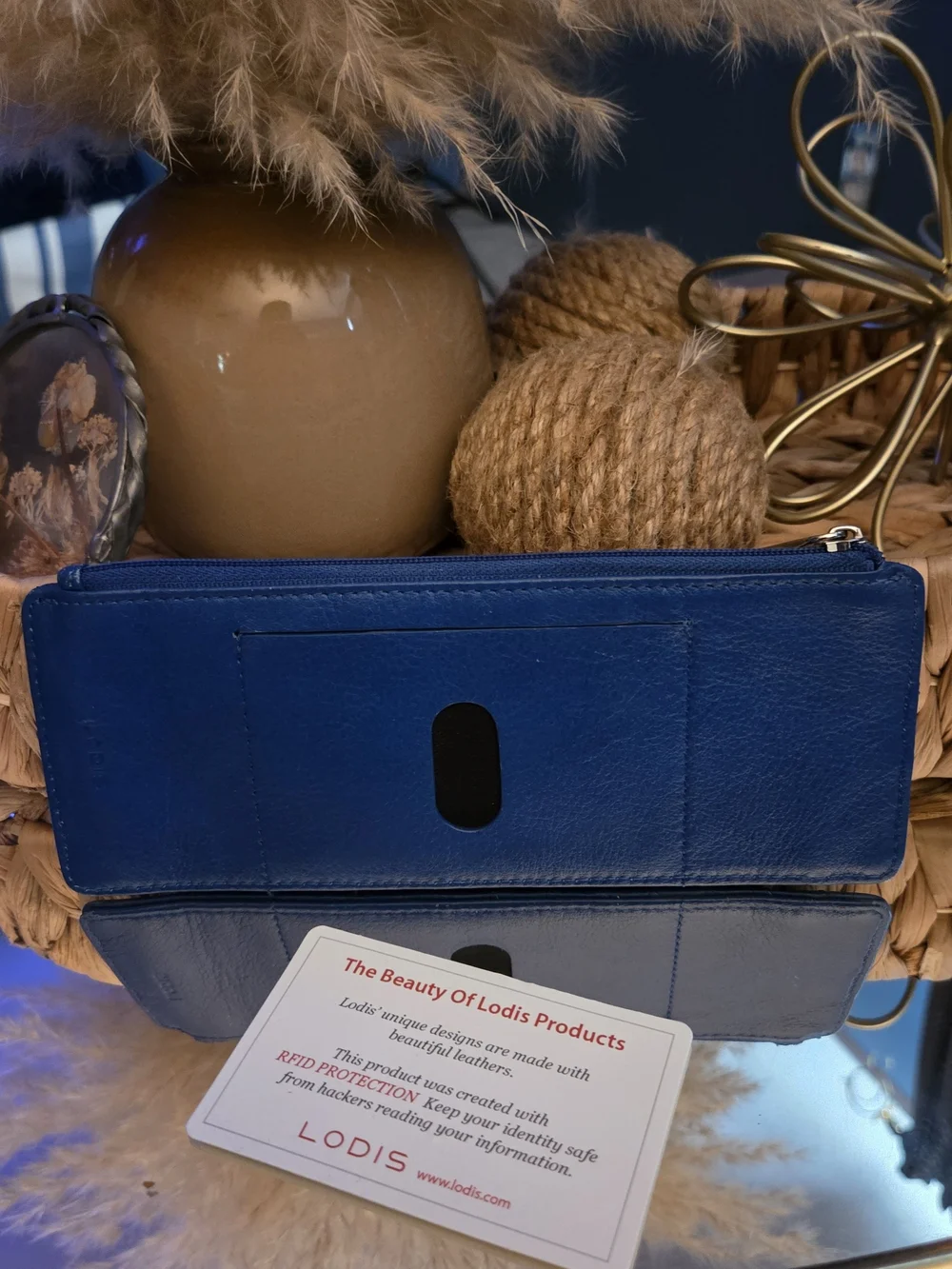 Lodis Blue Leather RFID Travel Wallet Card Organizer Zip Clutch
